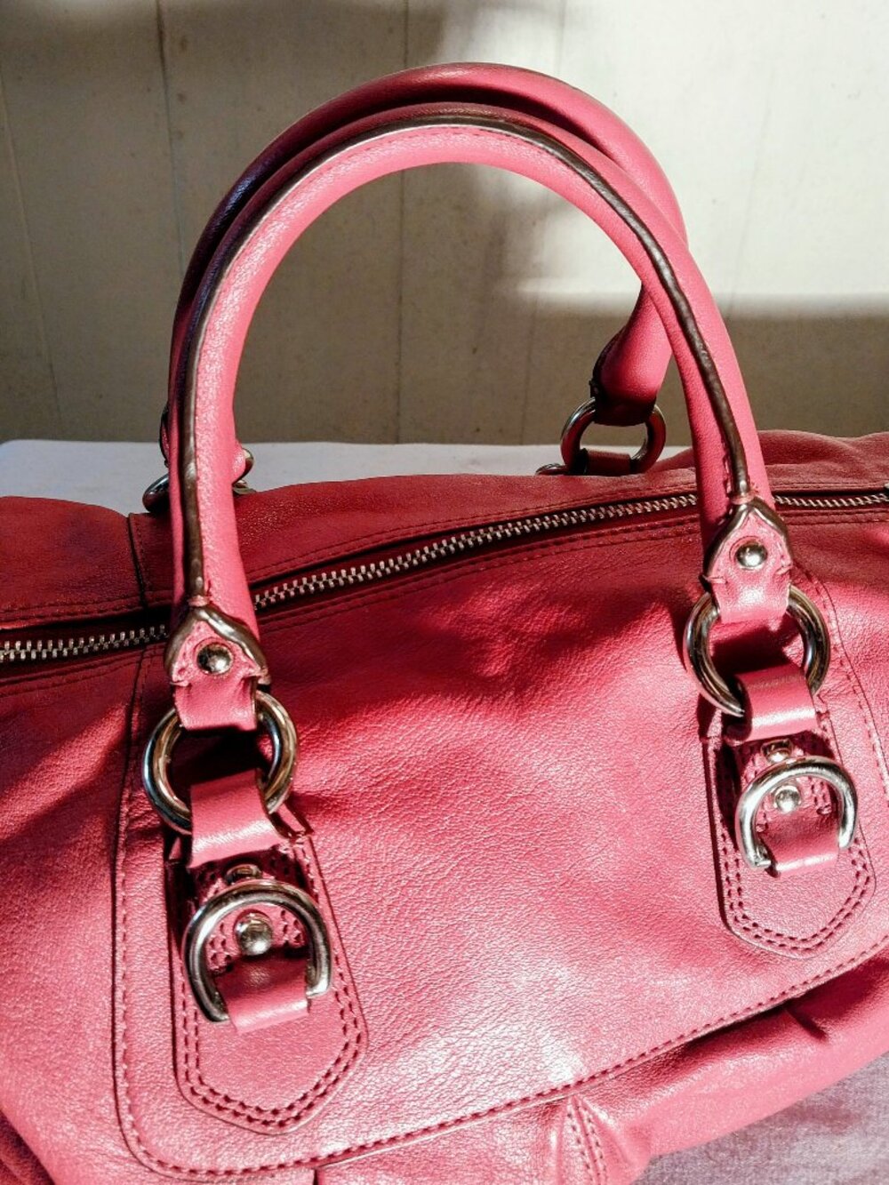 Coach Ashley Coral Pink Leather Satchel Pleated Silver Hardware Hobo Bag F15445 - Picture 4 of 11